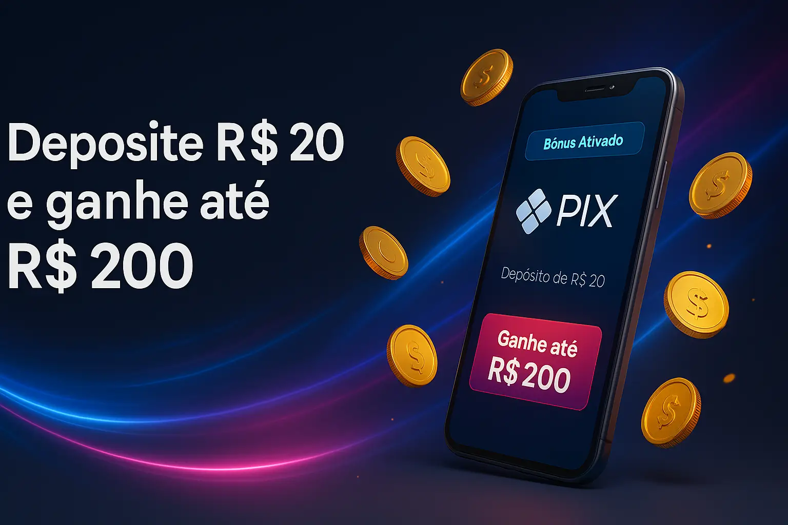 Hero da promoção do jogo9911 destacando depósito de R$20 e bônus até R$200 com visual azul e rosa